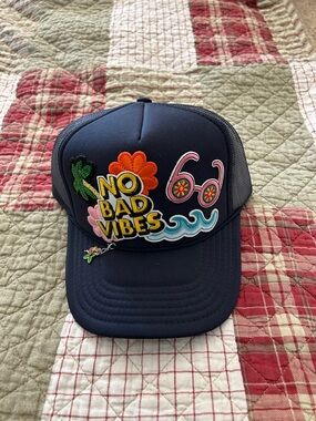 No Bad Vibes Navy Trucker Hat with Colorful Patches